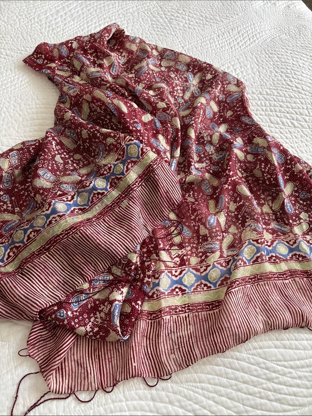 Artisan Hand-Block Cotton-Silk Blend Sarong Maroon Dragonfly Pareo Beach Wrap